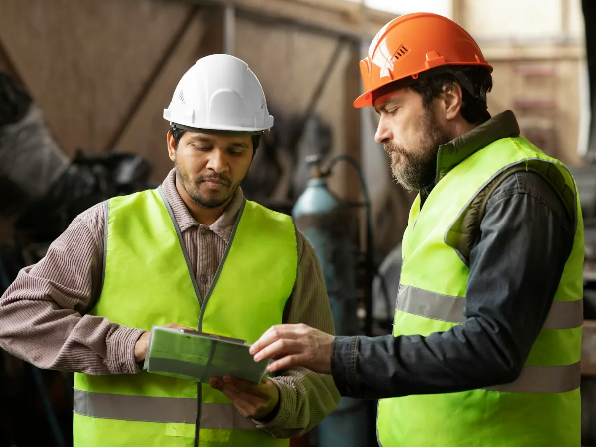 Trabajadores revisando la documentación de un accidente laboral